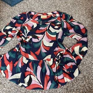 Maeve Navy Multicolor Abstract-Print Long-Sleeve Peplum Top